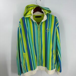 Vintage Coogi Striped Zipped Pockets Hooded Full‎ Zip Jacket Green Blue Size 2XL